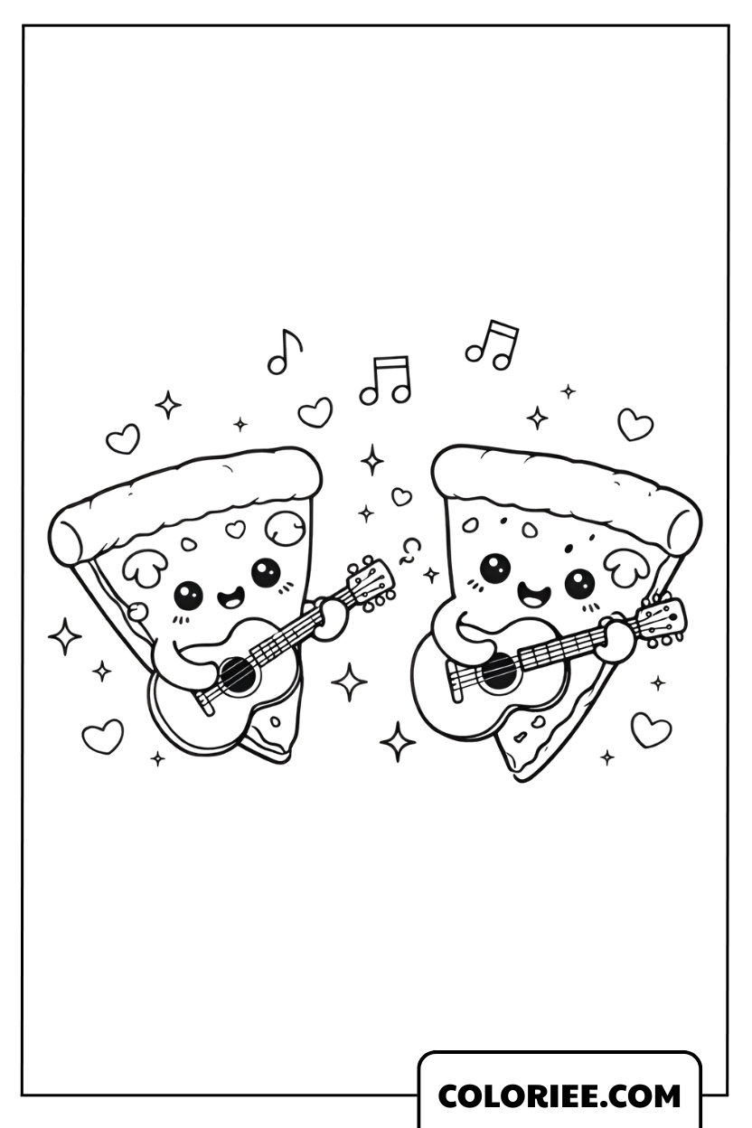 Dessin Pizza Kawaii Musical et Joyeux