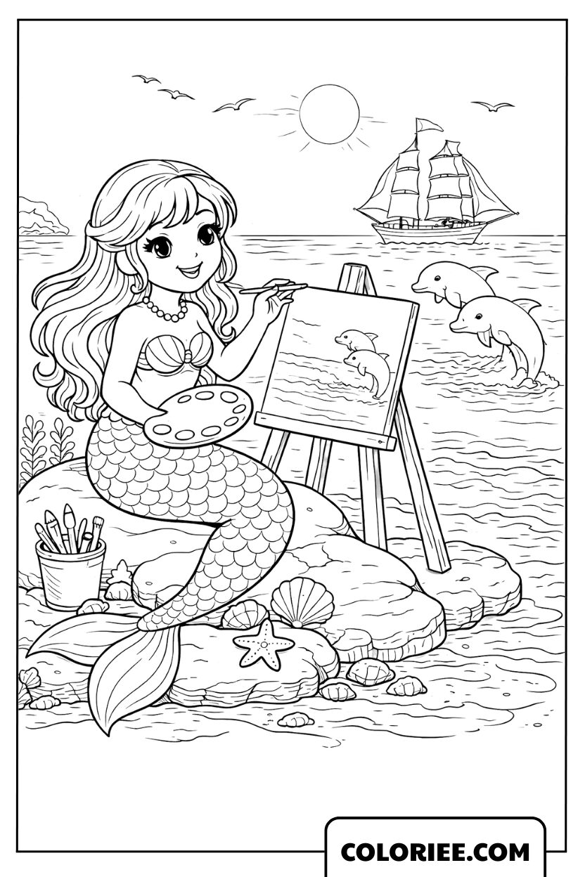 Dessin Sirène en Train de Peindr