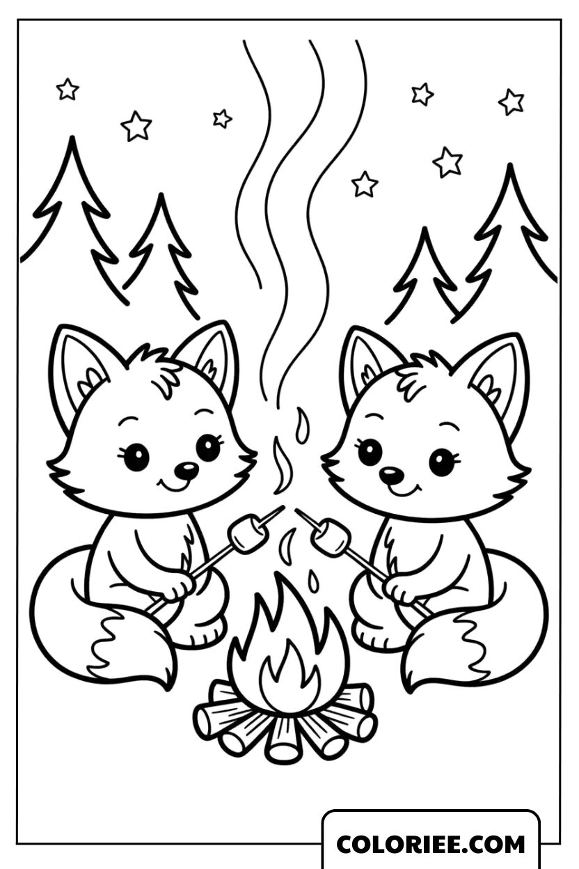 Deux petits renards grillant des guimauves près du feu