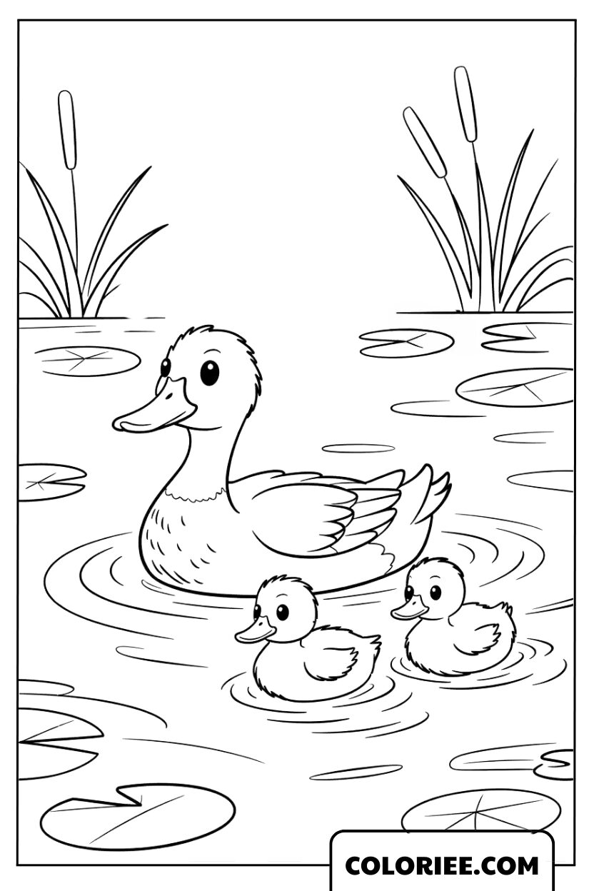 La famille de canards nageant dans l’étang paisible