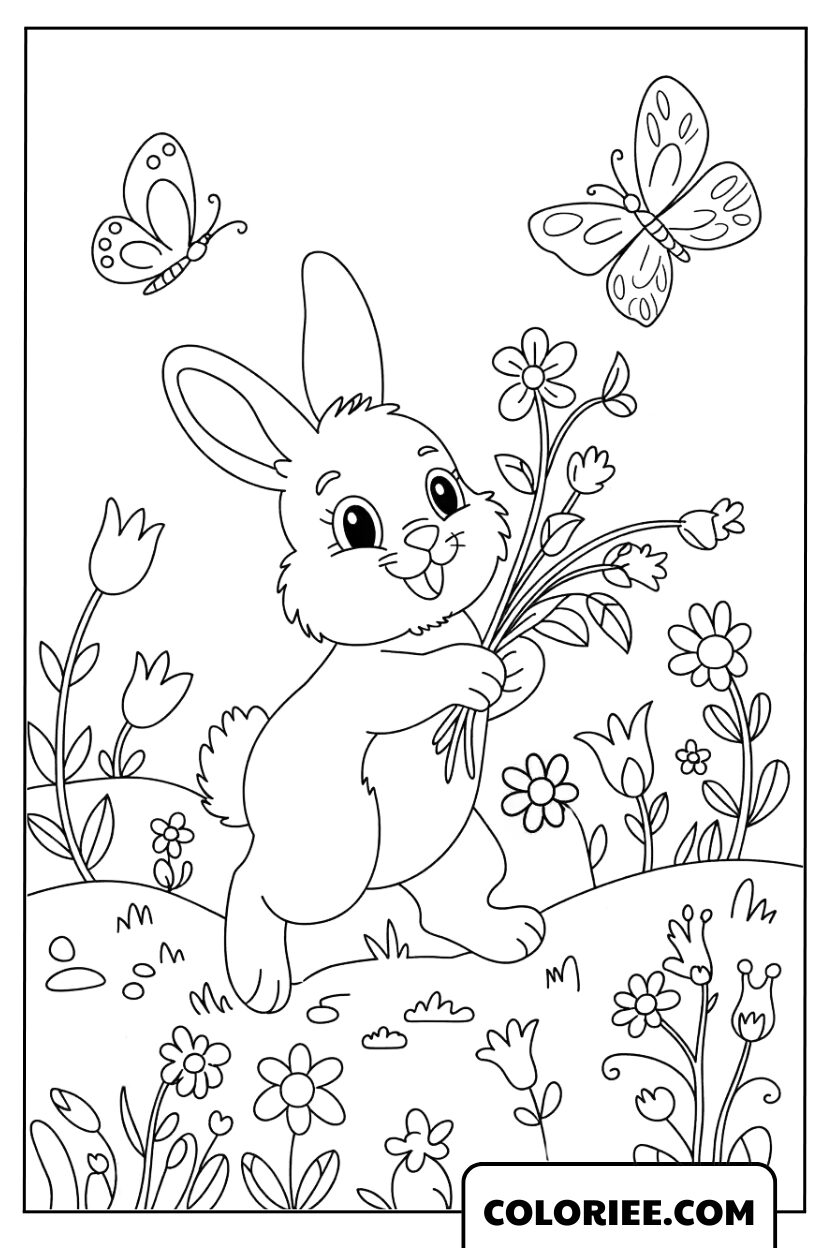 Le lapin blanc joue avec les papillons dans le jardin fleuri