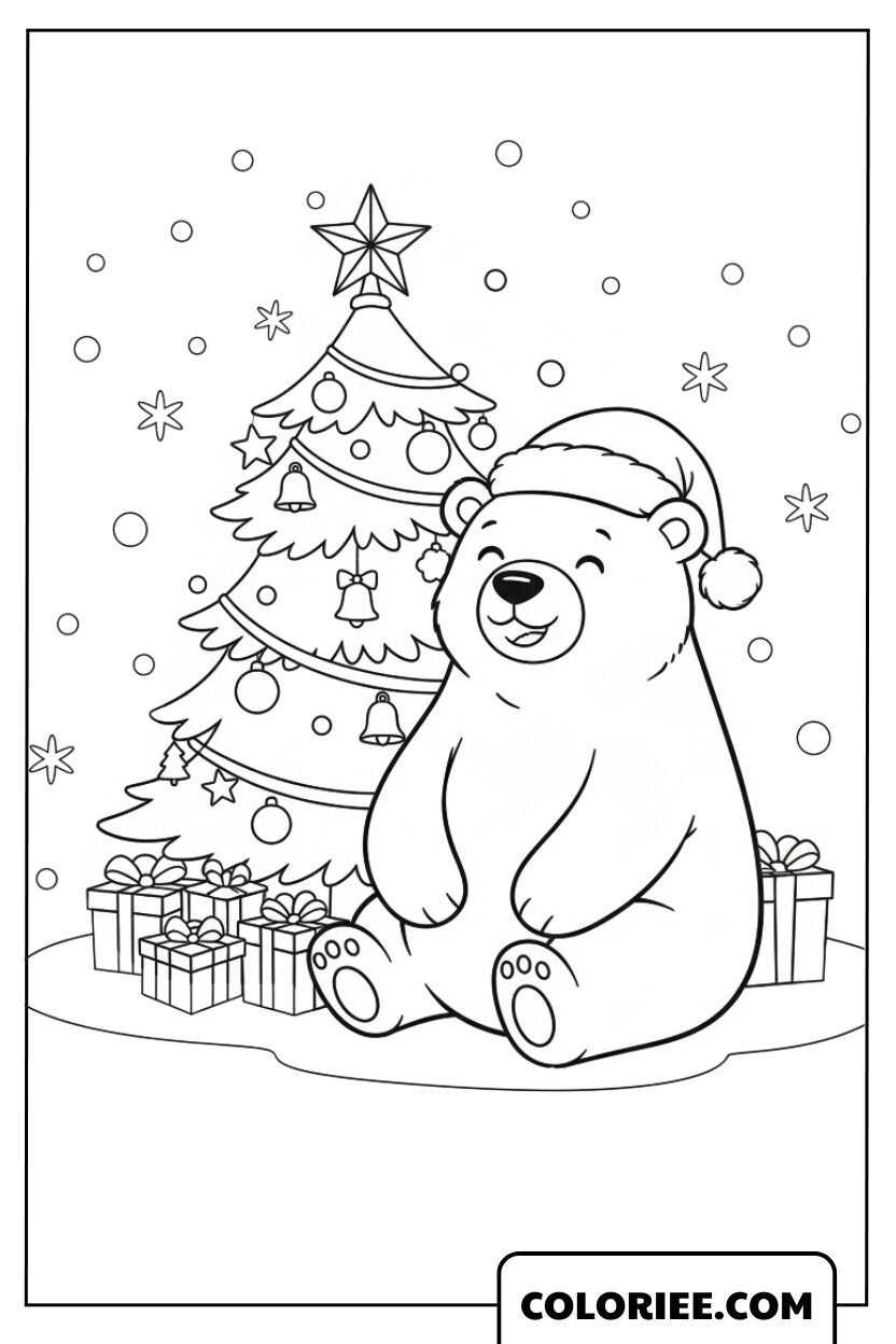 L’ours joyeux fête Noël au pied du sapin