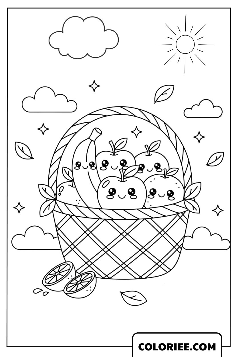 Panier de Fruits Kawaii sous le Soleil Matinal