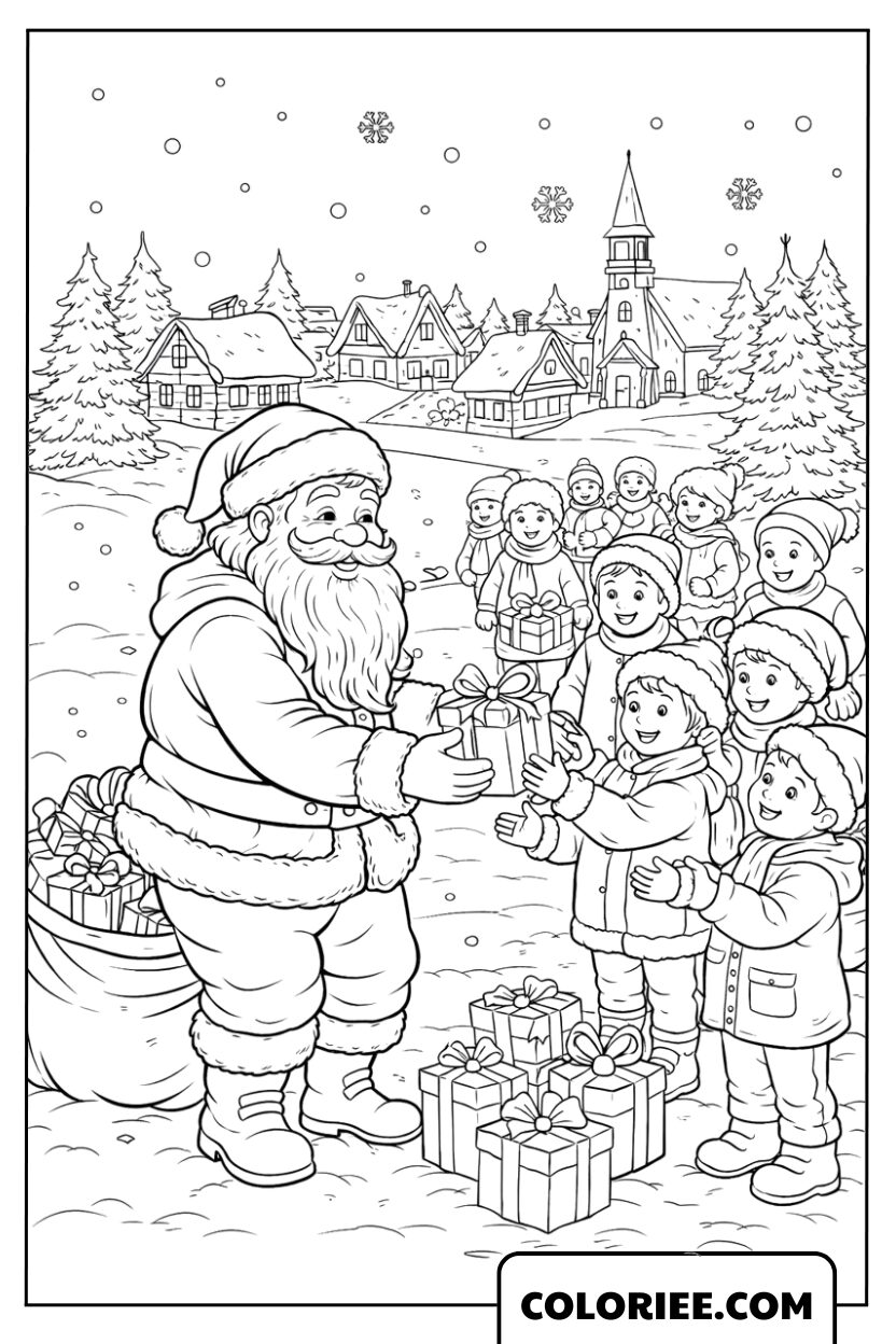 Père Noël distribuant des cadeaux aux enfants du village enneigé