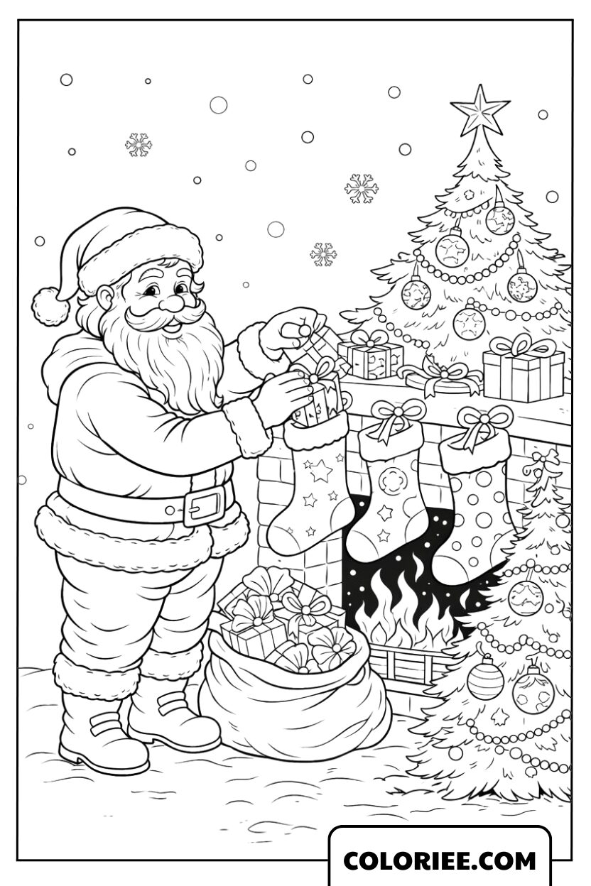 Père Noël préparant des cadeaux près du sapin