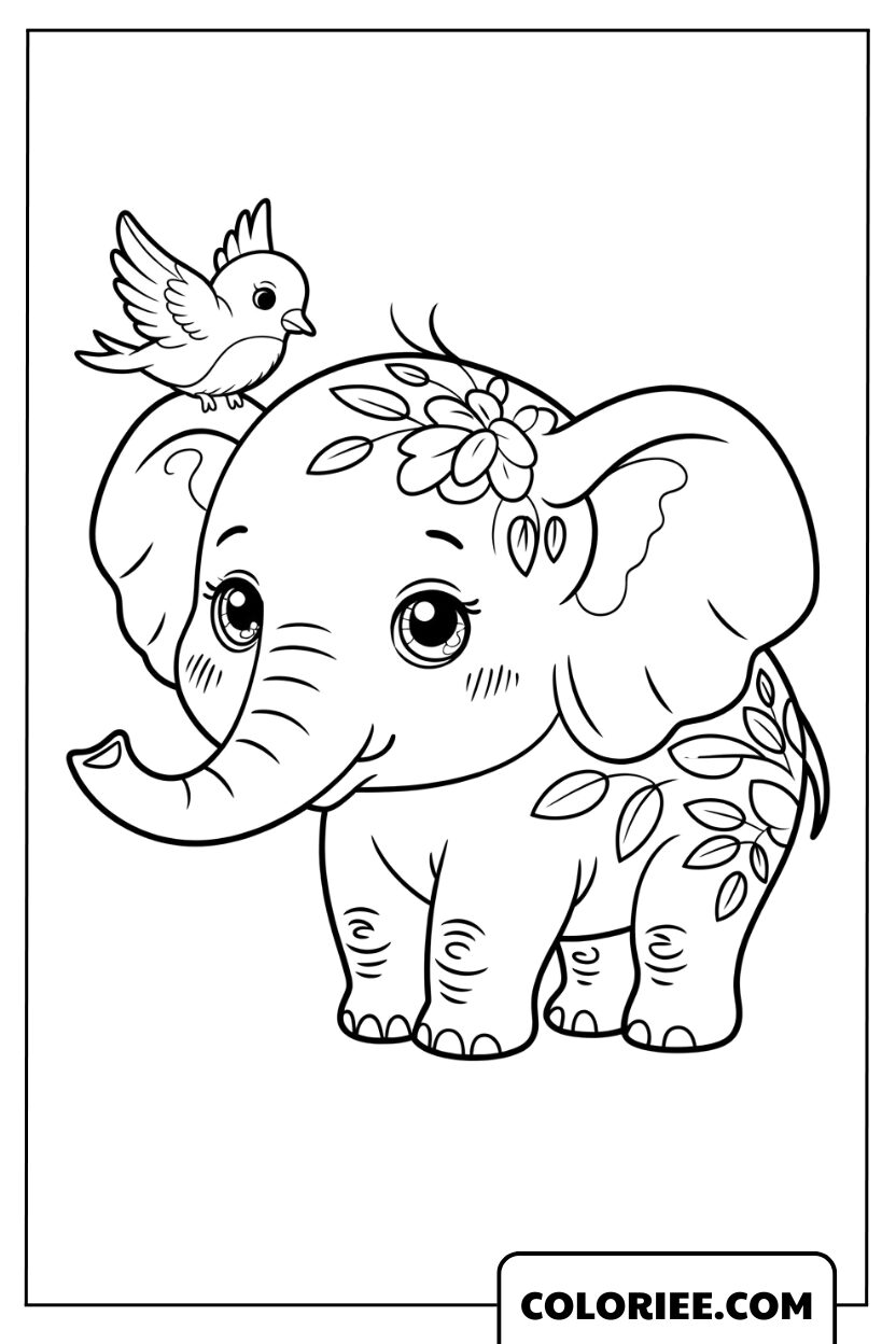 Petit éléphant fleuri et son oisillon espiègle