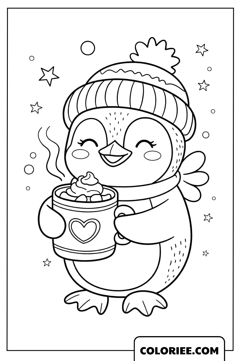 Petit pingouin chaleureux avec son chocolat chaud