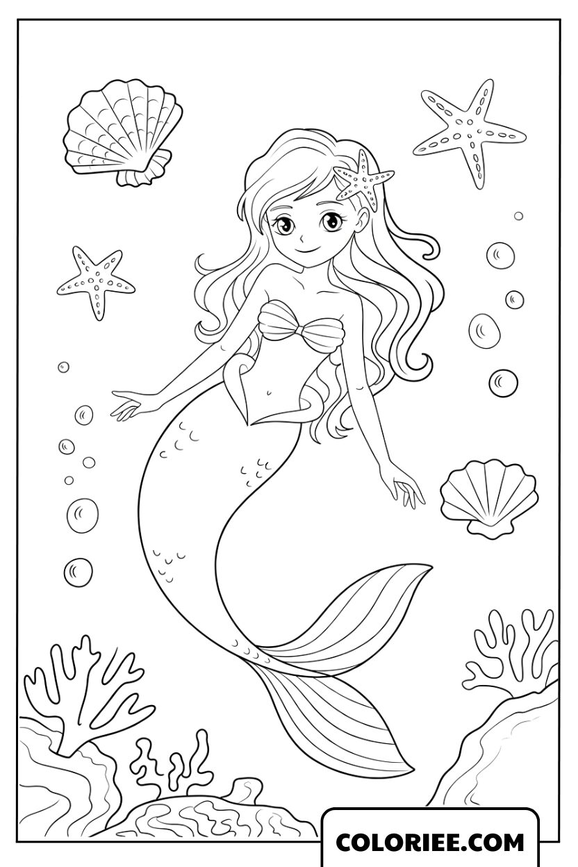 Sirène explorant la plage aux étoiles de mer