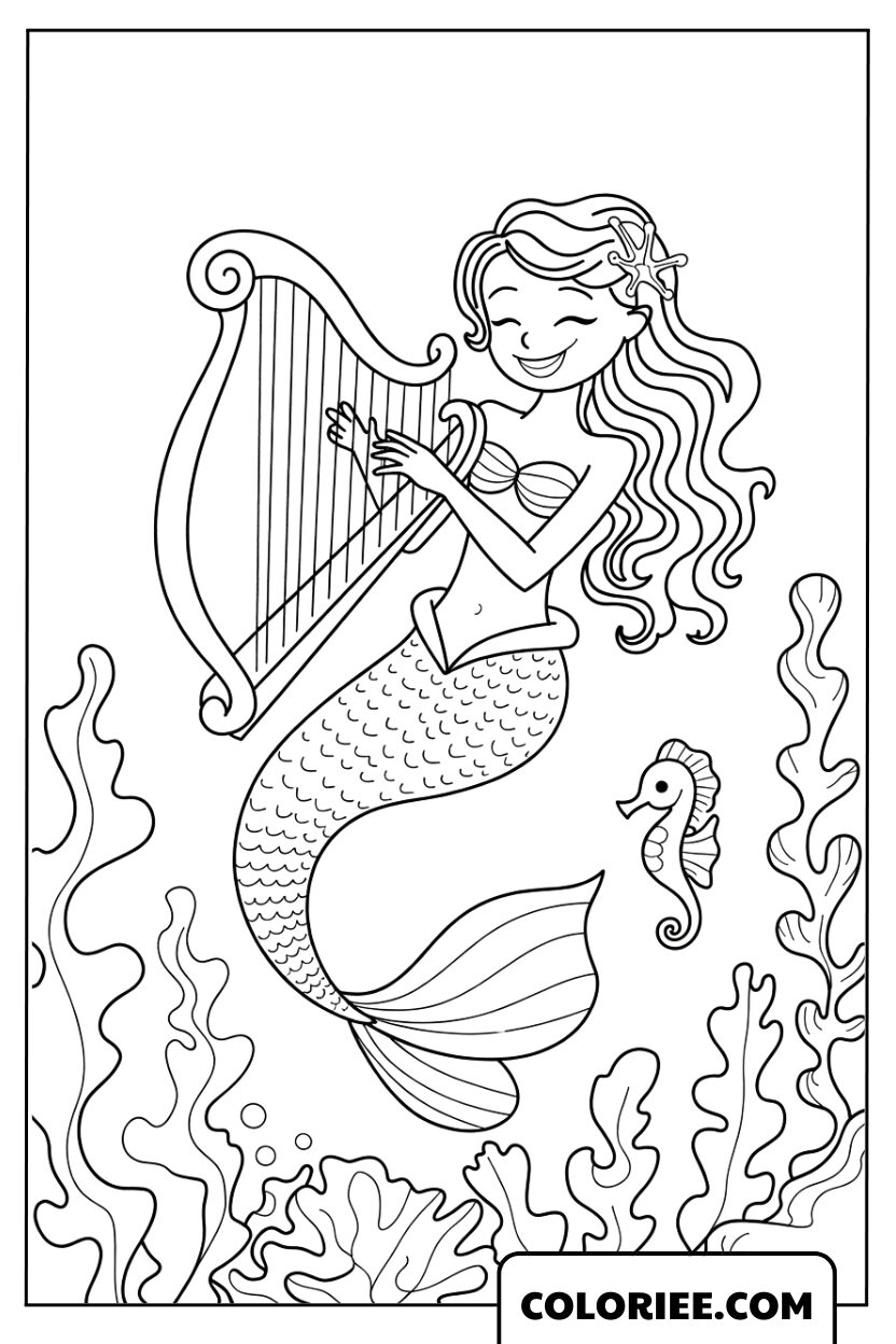 Sirène jouant de la harpe enchantée de l’océan
