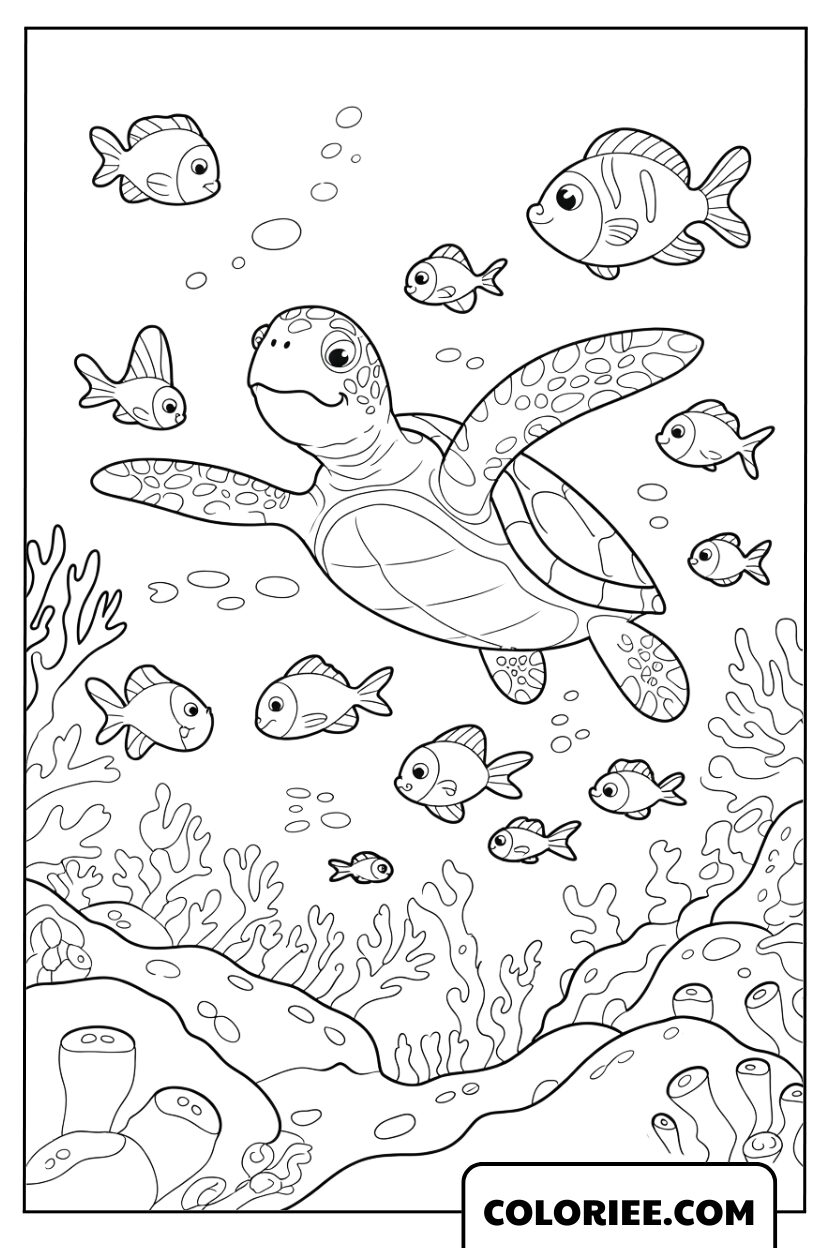 Tortue marine explorant l’océan coloré