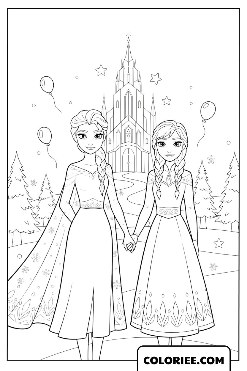 Anna et Elsa main dans la main devant le château de glace