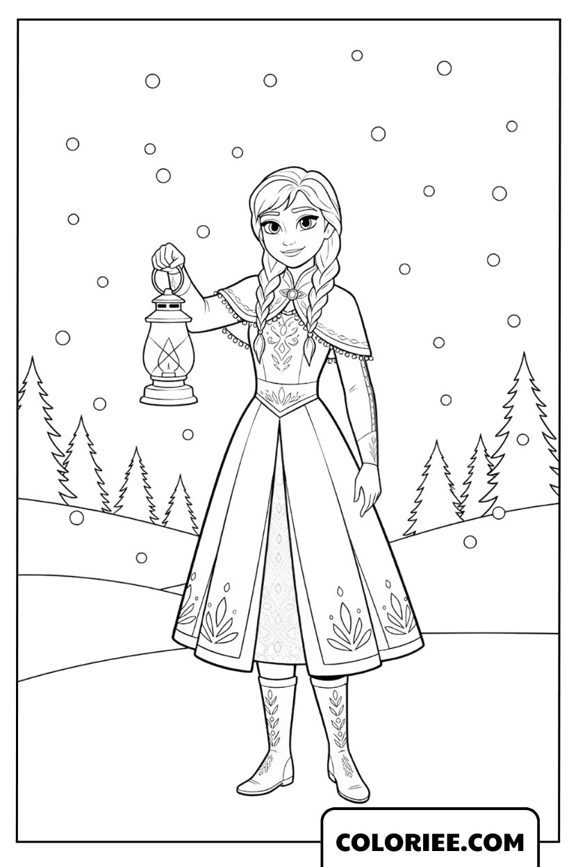 Anna tenant une lanterne sous la neige
