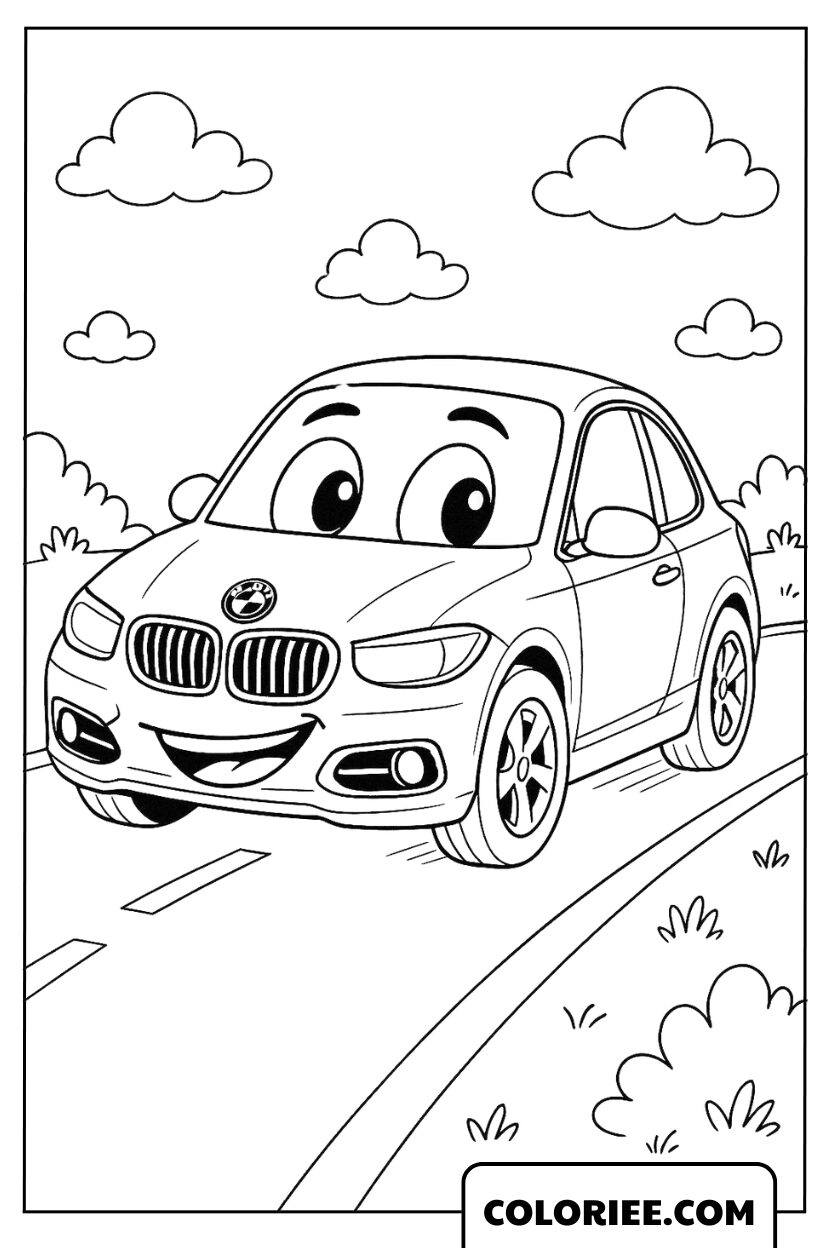 BMW animée roulant en ville par beau temps