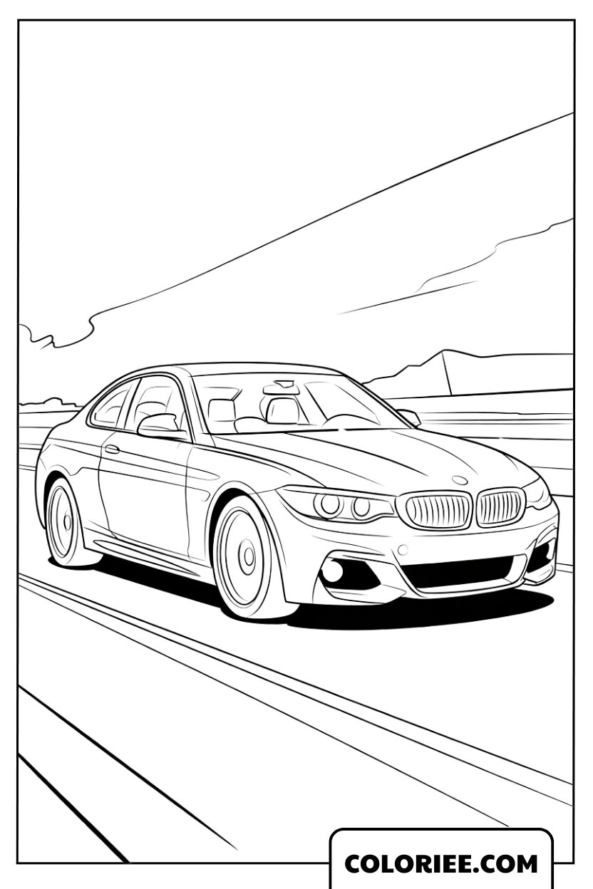 BMW sportive lancée à pleine vitesse sur la route