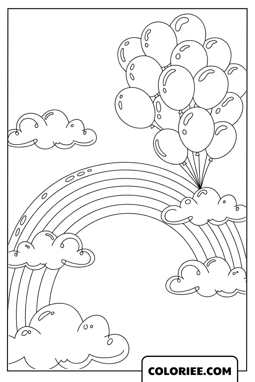 Ballons flottant au-dessus d’un arc-en-ciel joyeux