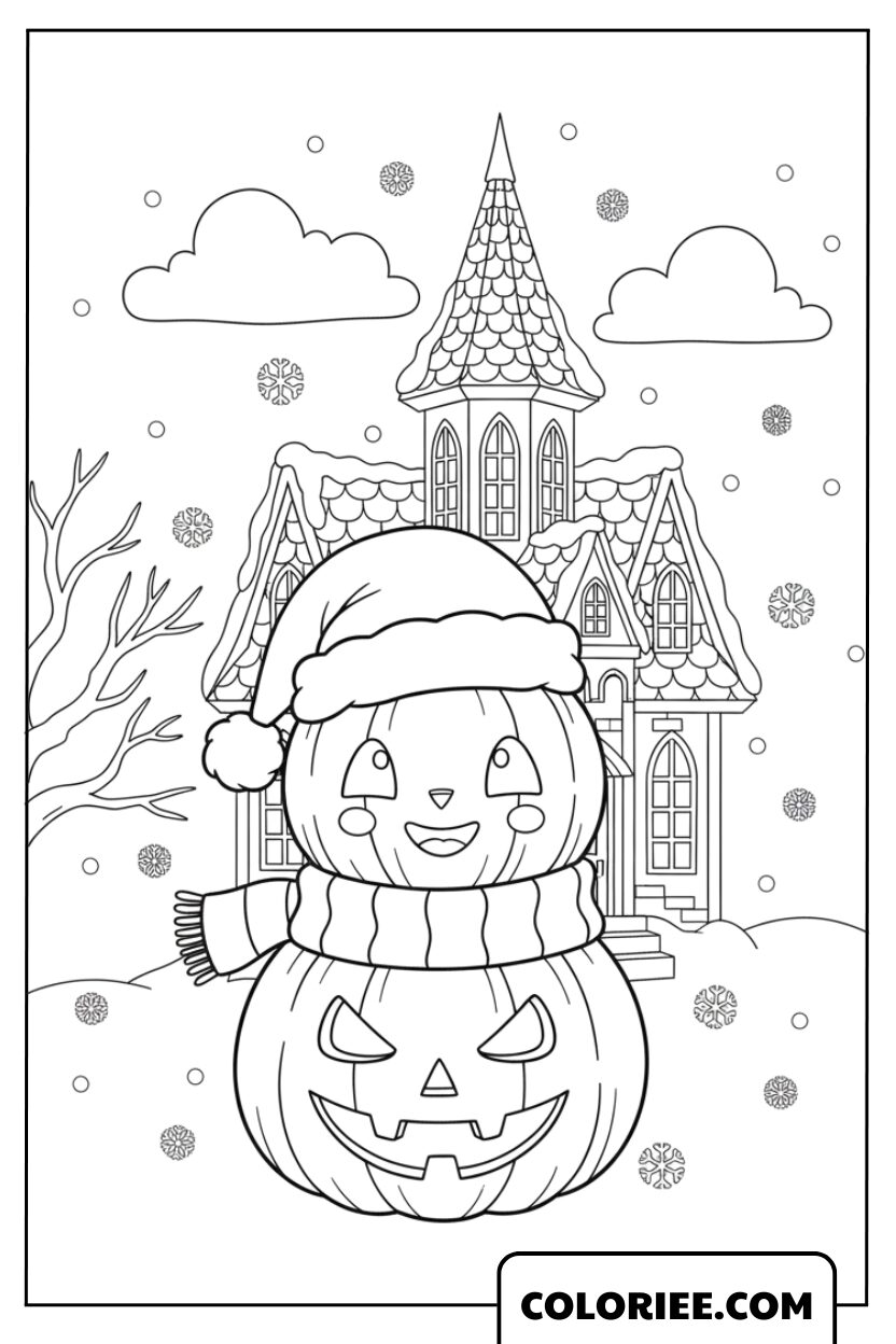 Bonhomme de Neige Citrouille devant le Château Enchanté