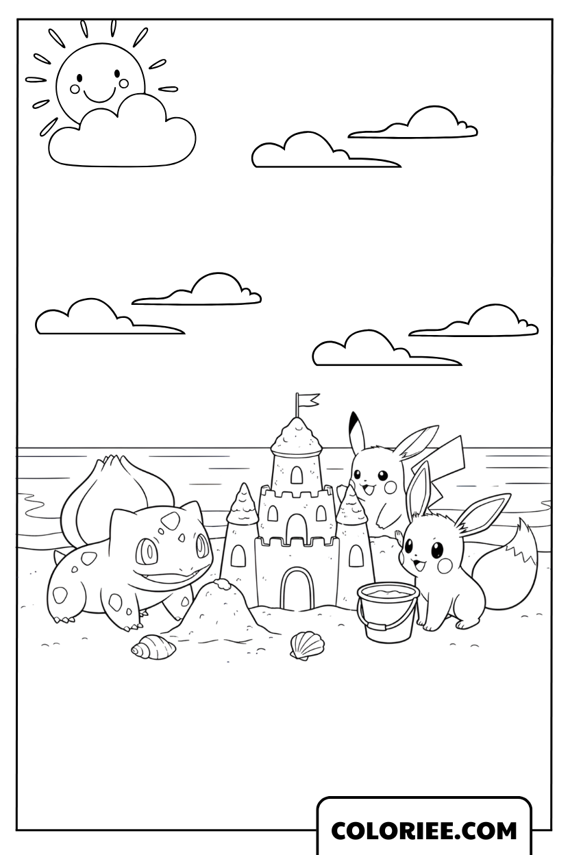 Bulbizarre, Eevee et Pikachu construisent un château de sable