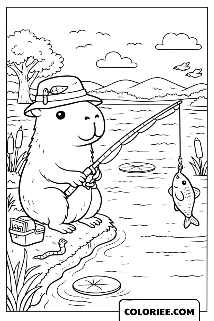 Capybara à la pêche au bord de la rivière