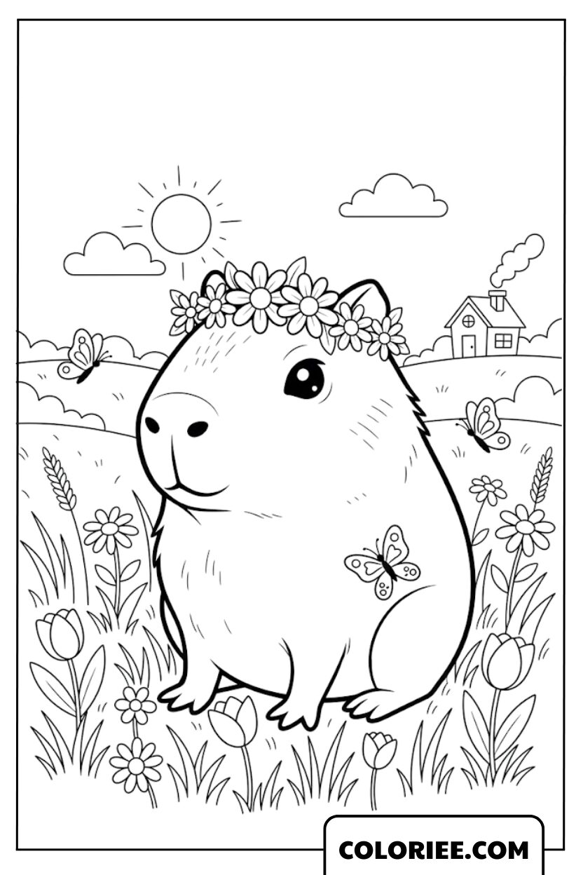 Capybara couronné de fleurs au cœur de la nature