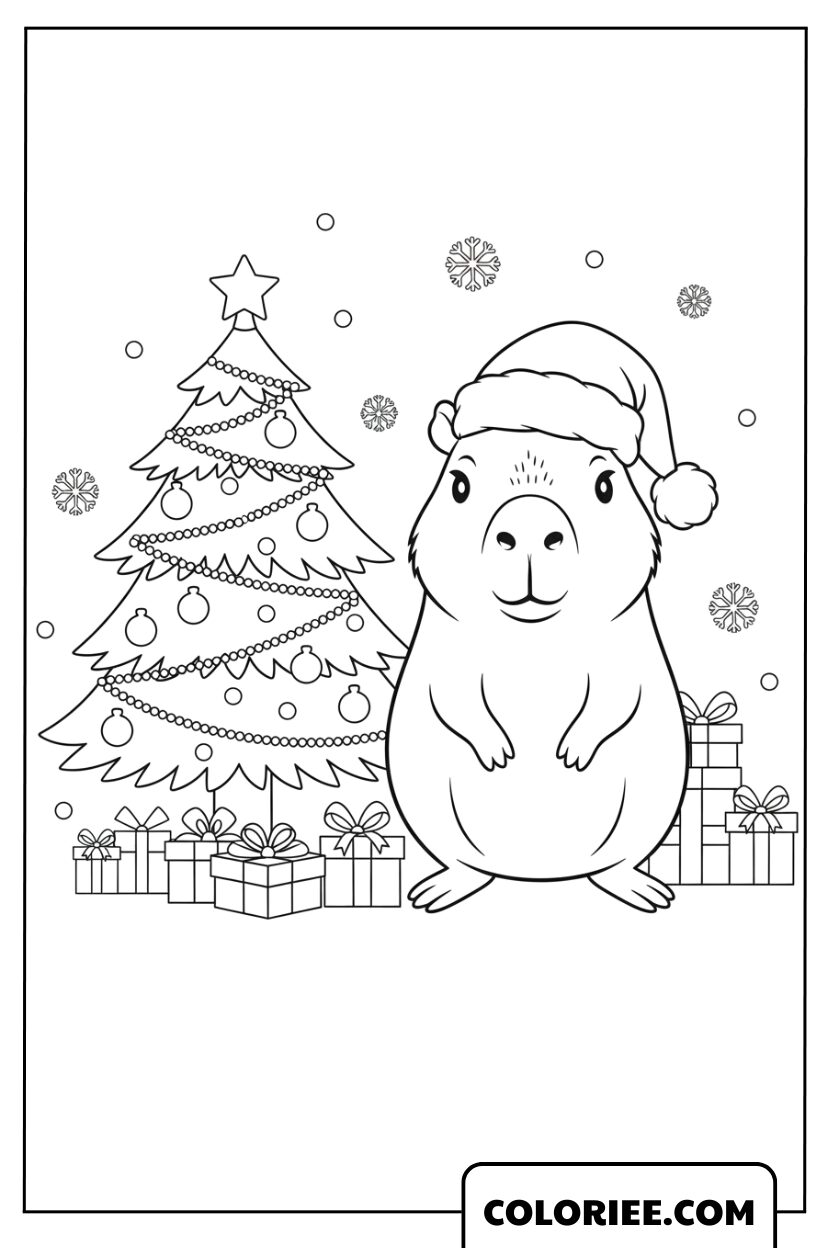 Capybara de Noël près du sapin