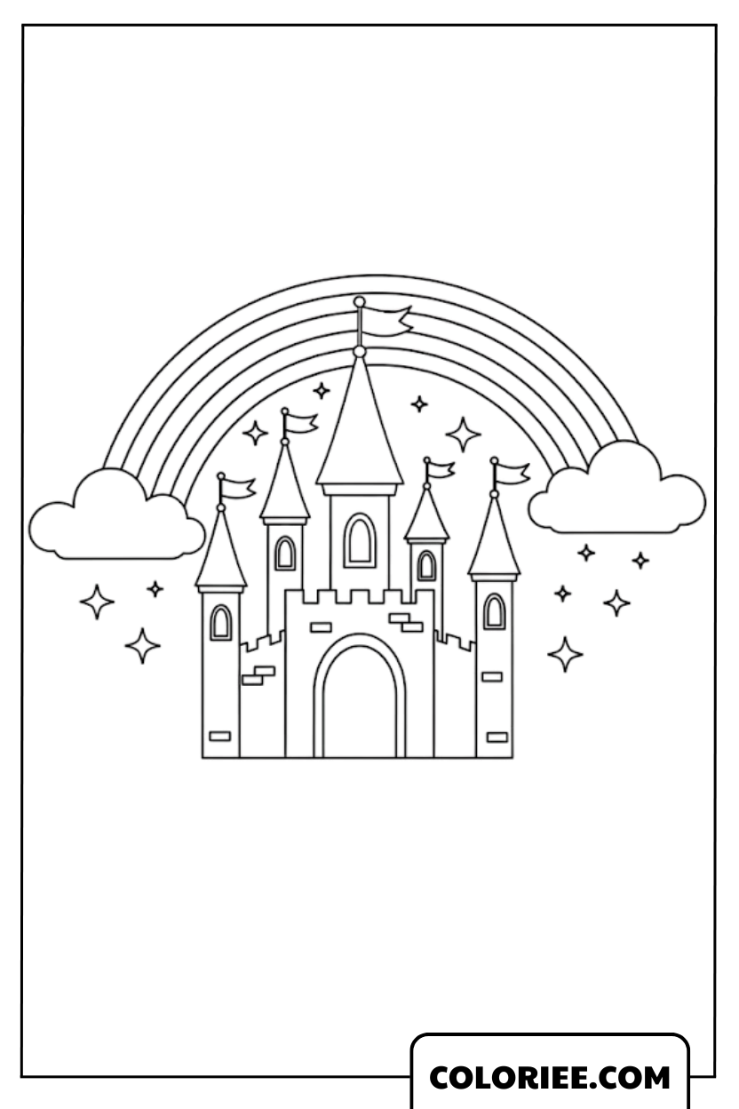 Château enchanté sous un arc-en-ciel lumineux