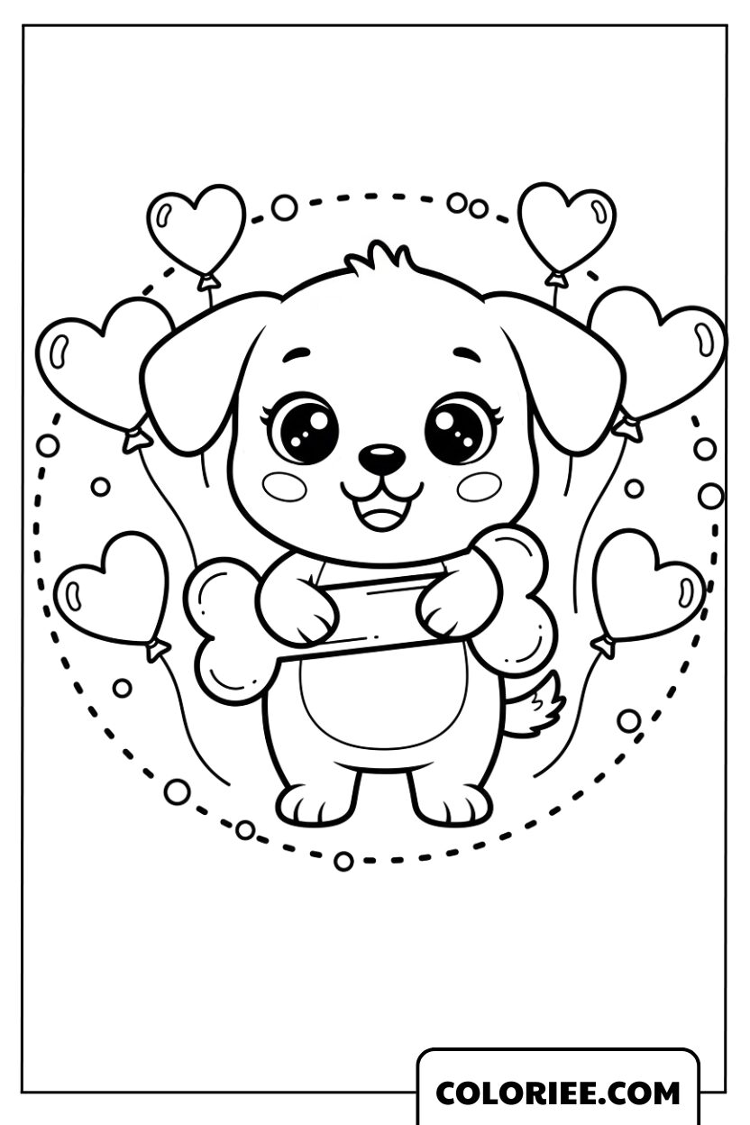 Chiot câlin avec son os dans un cercle de cœurs