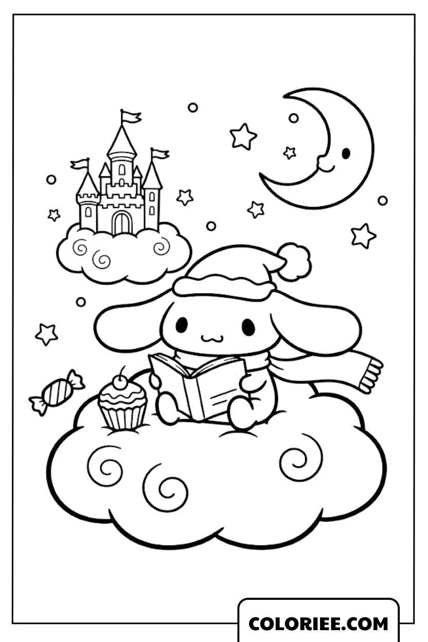 Cinnamoroll lit un livre sur les nuages
