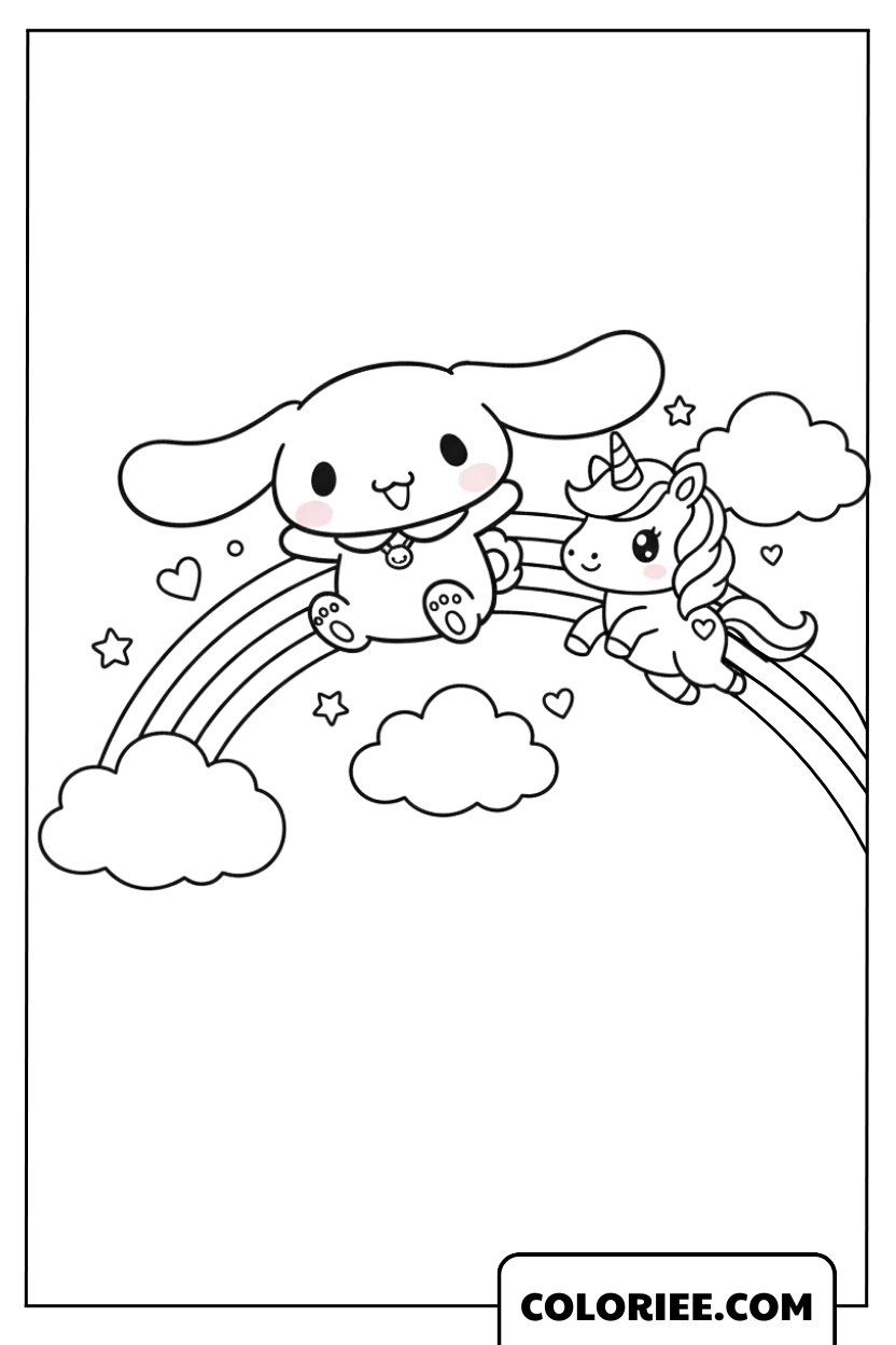 Cinnamoroll s’amuse avec la licorne sur l’arc-en-ciel