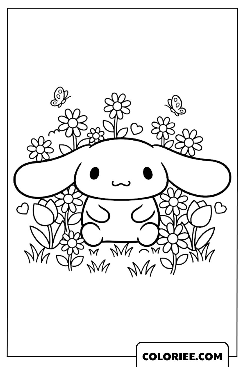 Cinnamoroll se repose dans un joli jardin fleuri