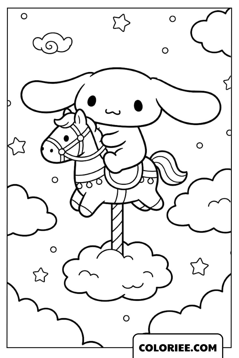 Cinnamoroll sur un cheval à bascule volant dans les nuages