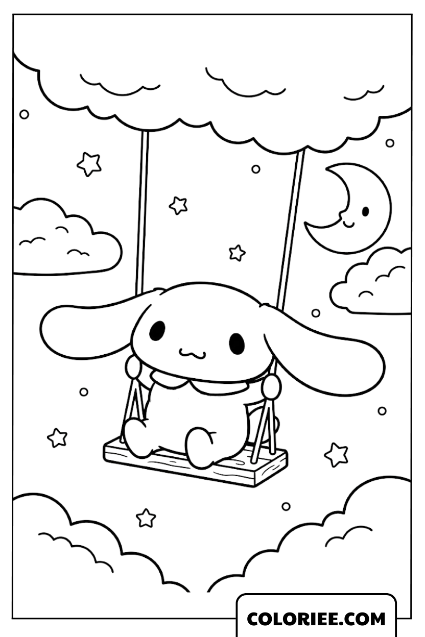 Cinnamoroll sur une balançoire dans le ciel nocturne