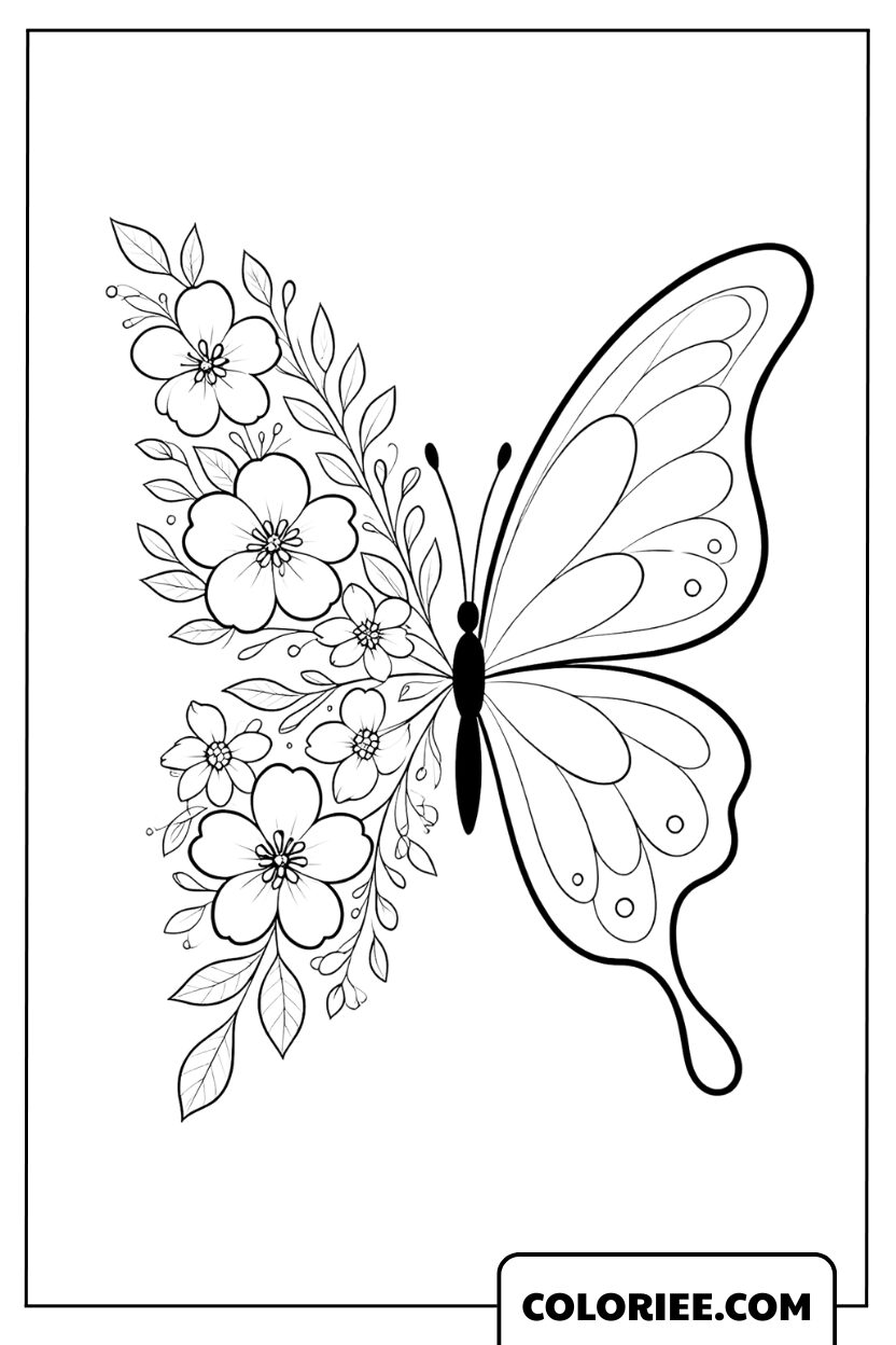 Coloriage Ailes de Papillon et Fleurs Délicates