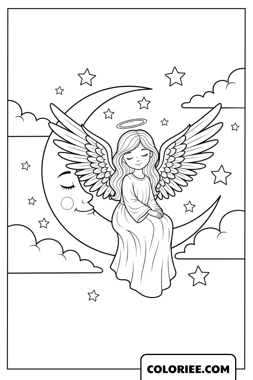 Coloriage Ange assise sur la lune dans le ciel nocturne