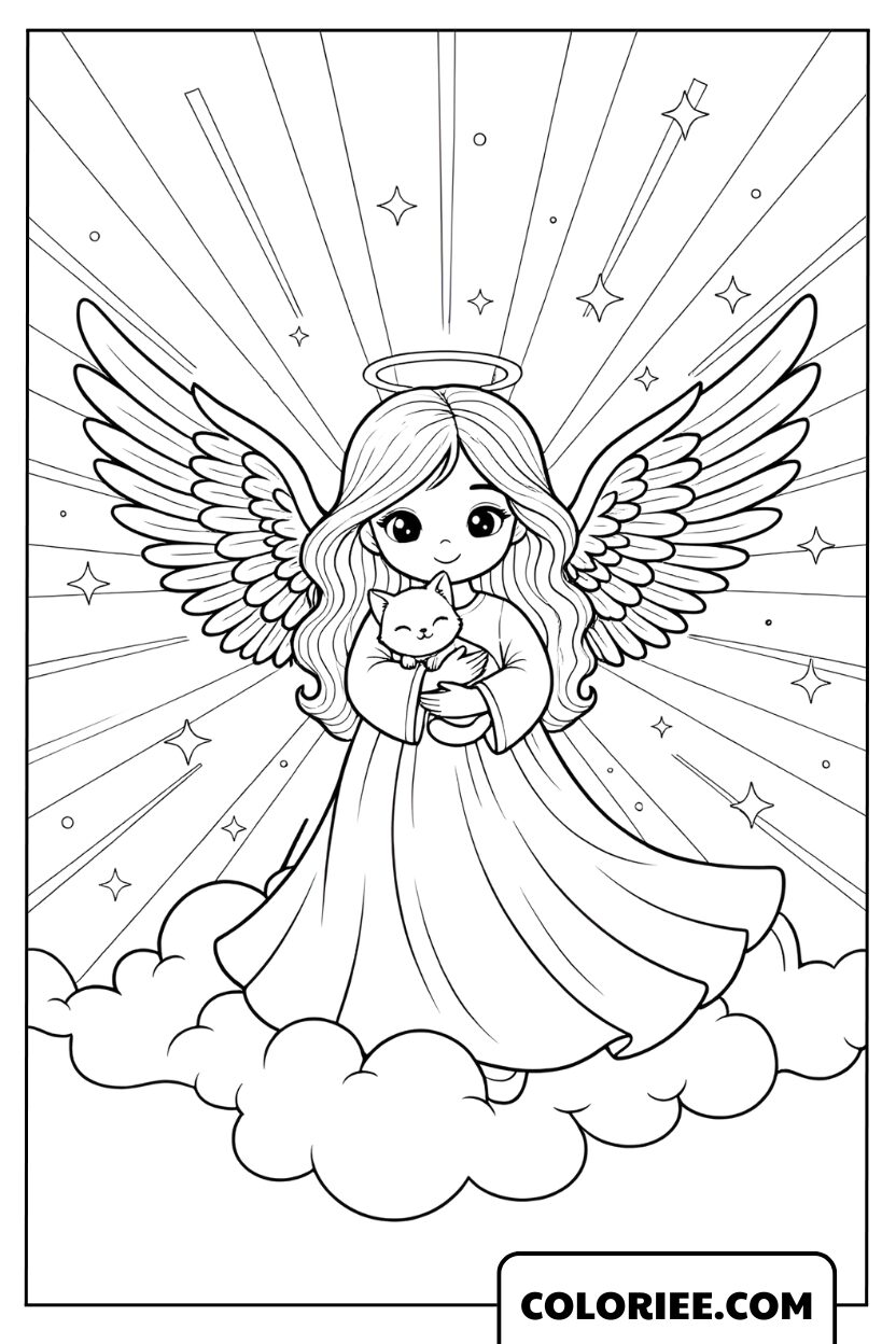 Coloriage Ange câlin avec un chat sur les nuages