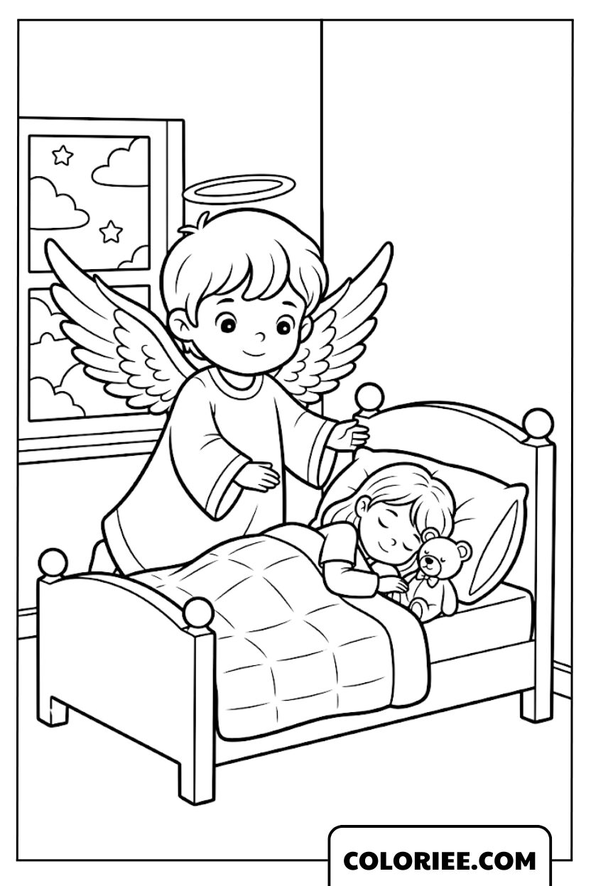 Coloriage Ange gardien du sommeil de l’enfant