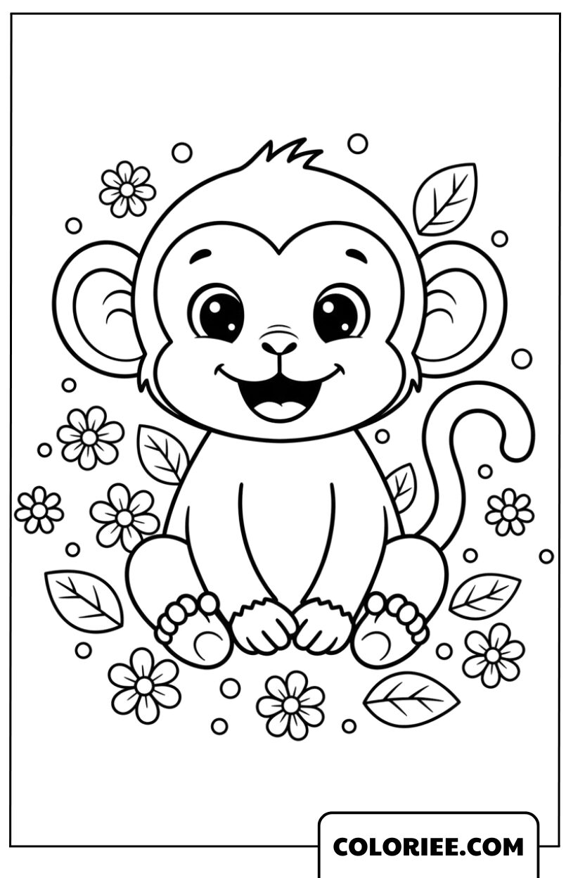 Coloriage Bébé Singe parmi les Fleurs