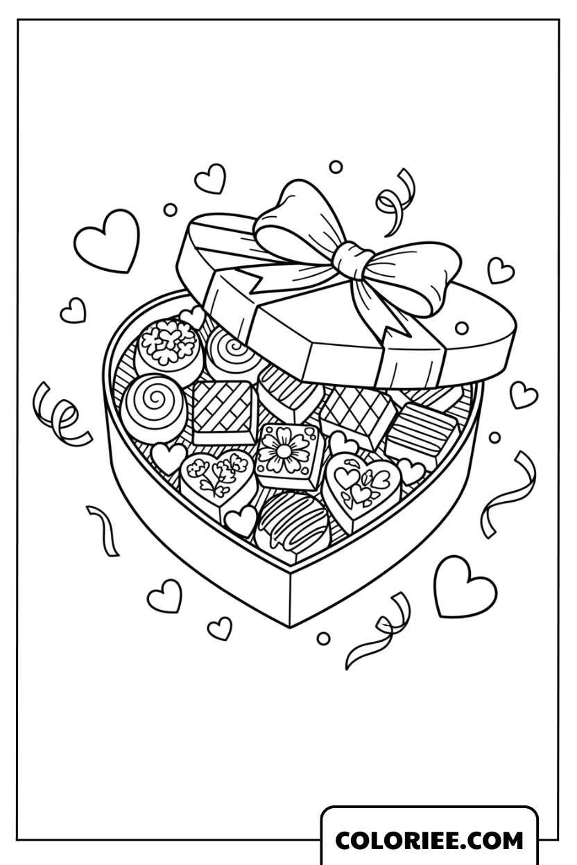 Coloriage Boîte de Chocolats en Forme de Cœur – Doux Cadeau de Saint Valentin