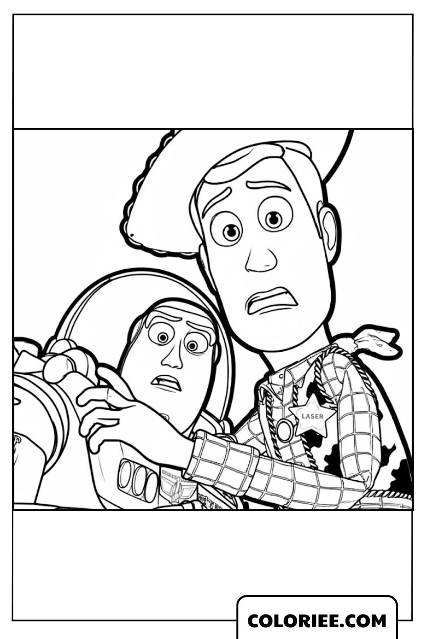 Coloriage Buzz Tient Woody Inquiet