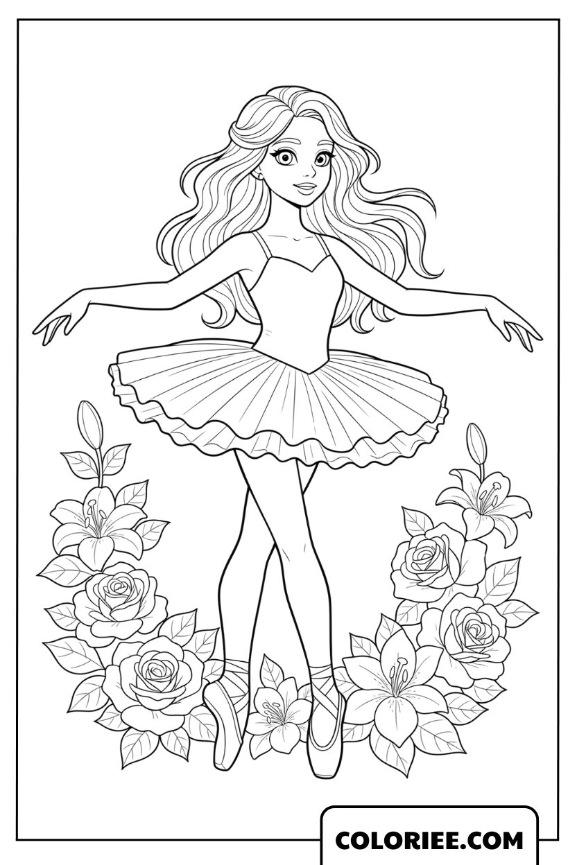 Coloriage Danseuse de Ballet dans un Jardin Fleuri
