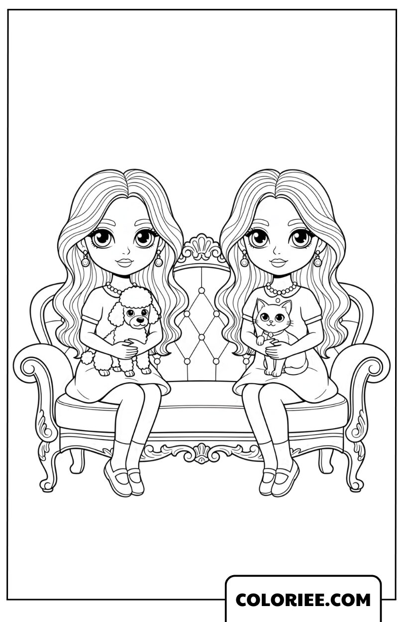 Coloriage Deux Amies et Leurs Adorables Animaux sur un Canapé Élégant