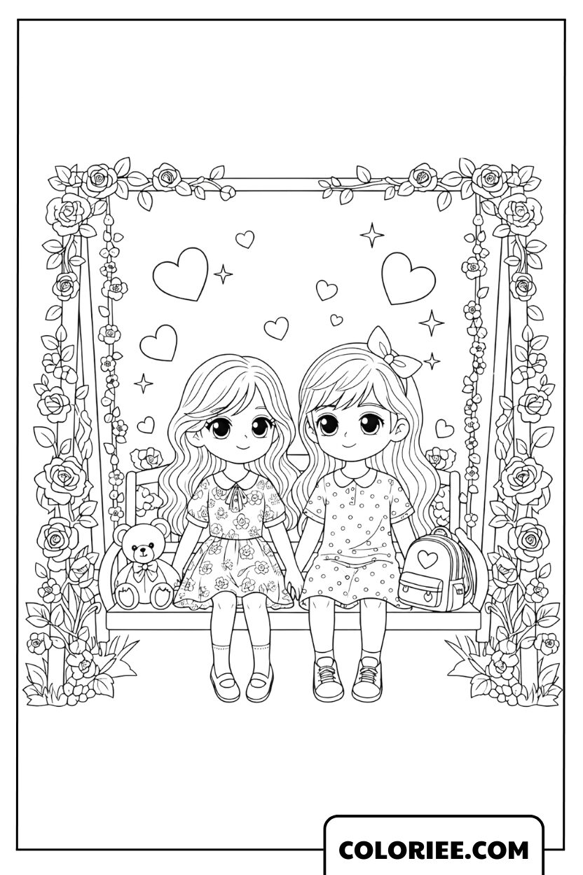 Coloriage Deux Amies sur une Jolie Balançoire