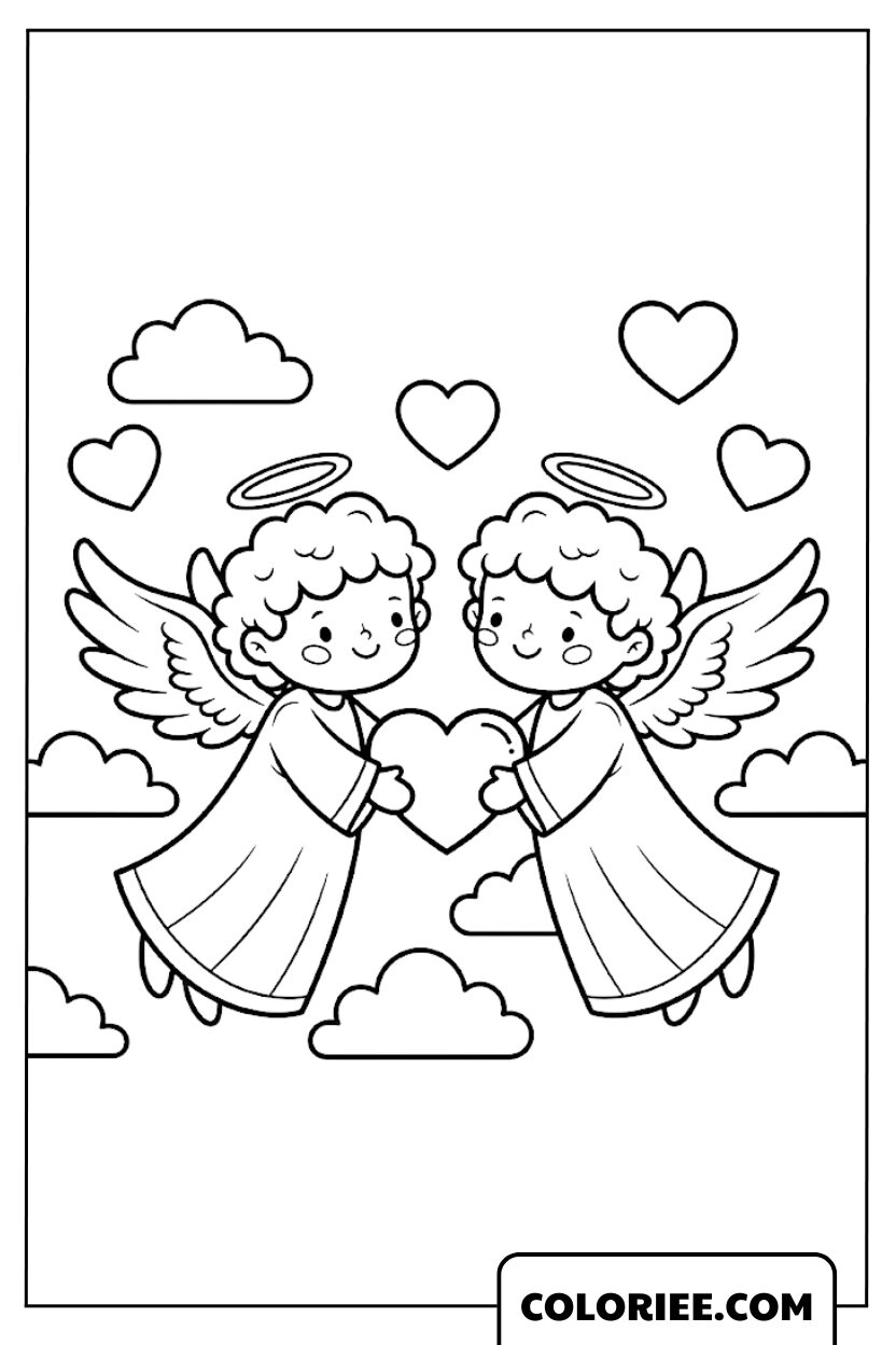 Coloriage Deux Anges de l’Amour sur les Nuages