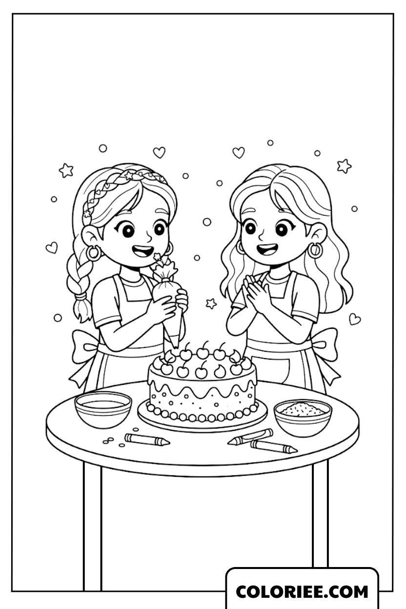 Coloriage Deux Meilleures Amies Décorent un Gâteau
