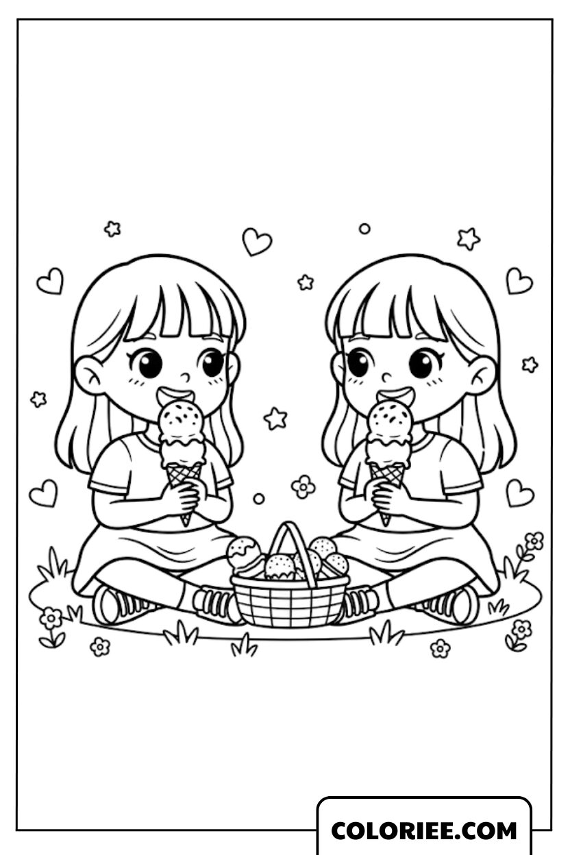 Coloriage Deux Meilleures Amies Dégustent une Glace Délicieuse