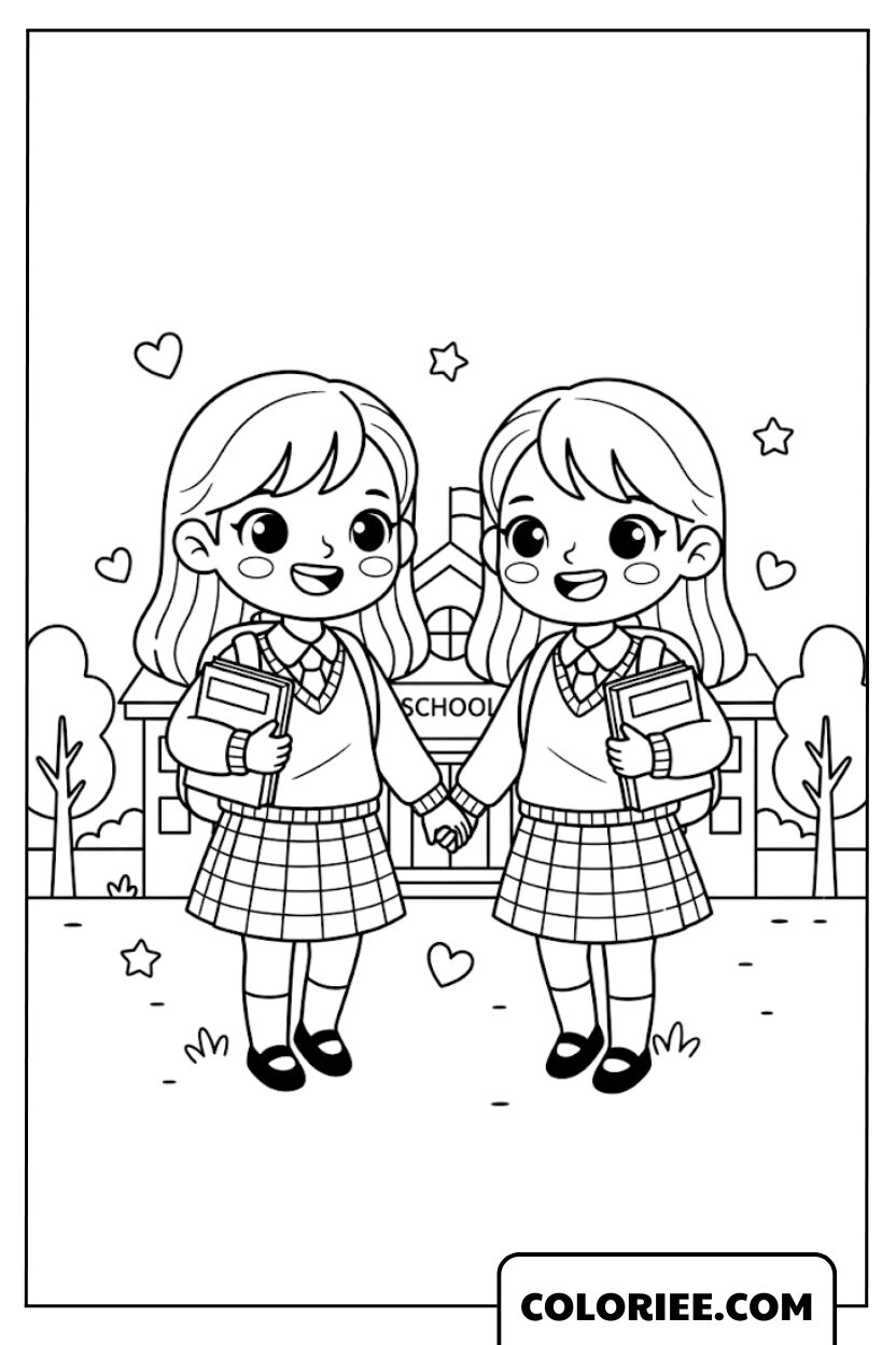 Coloriage Deux Meilleures Amies à l’École le Jour de Rentrée