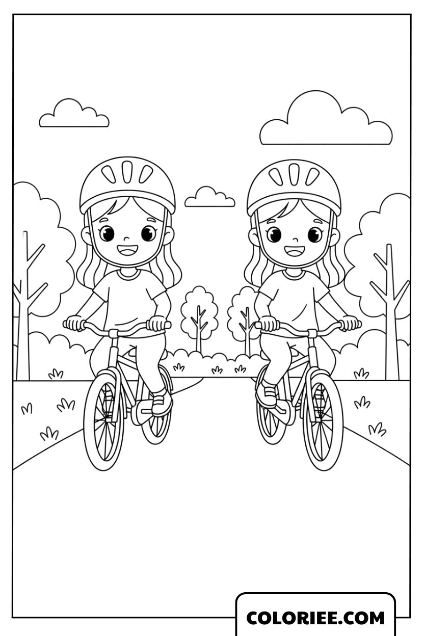 Coloriage Deux Meilleures Amies en Vélo Ensemble