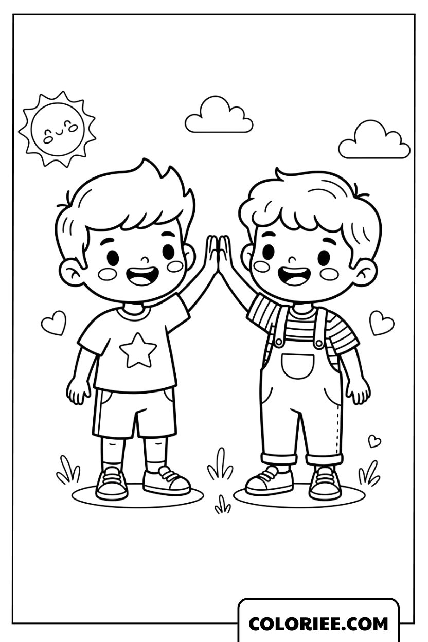 Coloriage Deux Meilleurs Amis se Font un High-Five de Joie