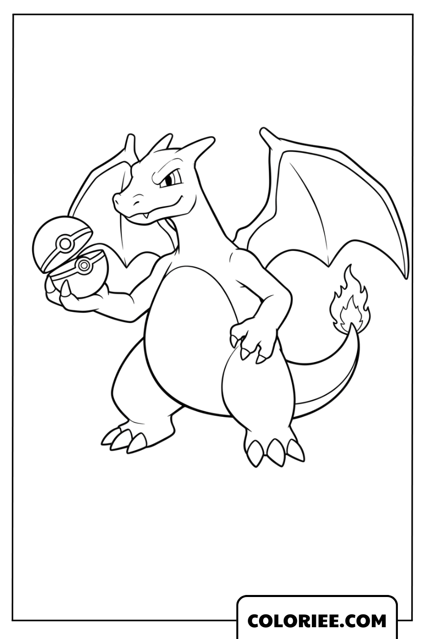 Coloriage Dracaufeu avec sa Poké Ball puissante