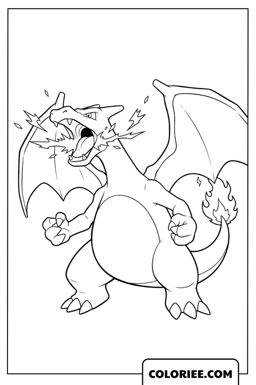 Coloriage Dracaufeu crachant des flammes imposantes