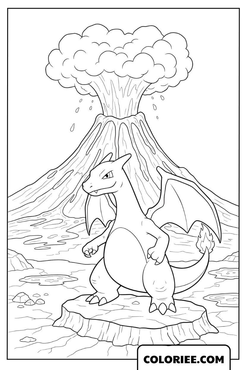 Coloriage Dracaufeu devant un volcan en éruption